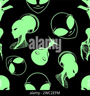 Nahtlose grüne Grafik-Aliens auf schwarzem Hintergrund, Textur, Design Stockfoto