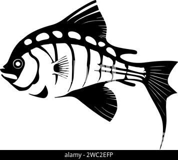 Schwarze Grafik, die stilisierte Fische auf weißem Hintergrund zeichnet, Logo, Design Stockfoto