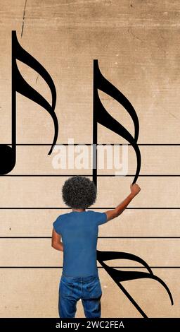 Ein afroamerikanischer Mann mit einer großen runden Afro-Frisur legt in einer 3D-Illustration musikalische Notizen an eine Wand, die zeigen, wie er einen Kopf zum Schreiben von Musik hat. Stockfoto