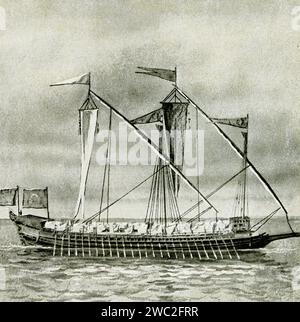Venezianische Galeere unter Segel aus dem 15. Jahrhundert. Eine Galeere war ein flaches Schiff mit einem oder mehreren Segeln und bis zu drei Ruderbänken, hauptsächlich für Kriegsführung, Handel und Piraterie. Stockfoto