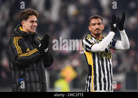 Kenan Yildiz (Juventus), Danilo (Juventus) feiert am Ende des Coppa Italia Viertelfinales zwischen Juventus FC und Frosinone Calcio AT Stockfoto