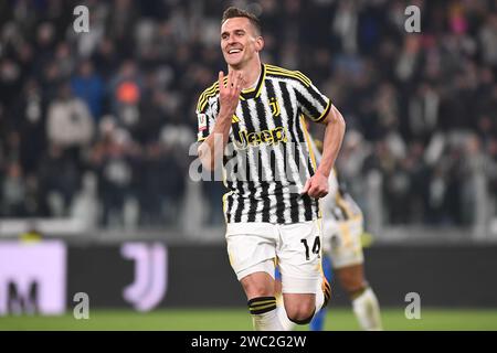 Arkadiusz Milik (Juventus) feiert, nachdem er sein viertes Tor erzielt hat, wenn es nicht später während des Coppa Ital verboten worden wäre Stockfoto