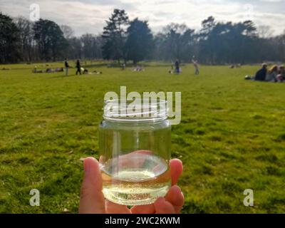 Junge Leute, die den sonnigen Frühlingstag mit einer Tasse Wein genießen Stockfoto