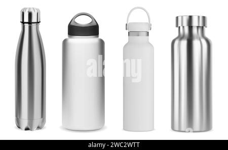 Modell der Wasserflasche. Thermokolben aus Stahlmetall, Vektormodell. Wiederverwendbare Sportflasche aus Edelstahl, isoliert auf weiß. Fitnessraum oder Reisewasserbehälter, Stock Vektor
