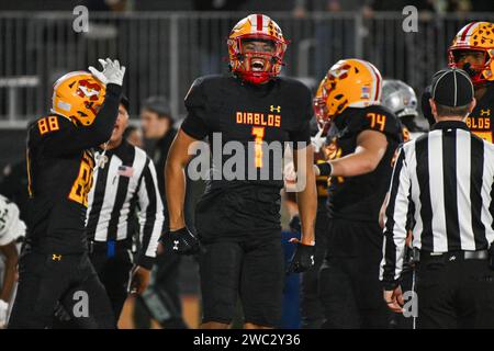 Mission Viejo Wide Receiver Phillip Bell III (1) während eines Spiels der CIF State Football Championship am Freitag, den 8. Dezember 2023, in Mission Viejo, Kalif. Das Mis Stockfoto