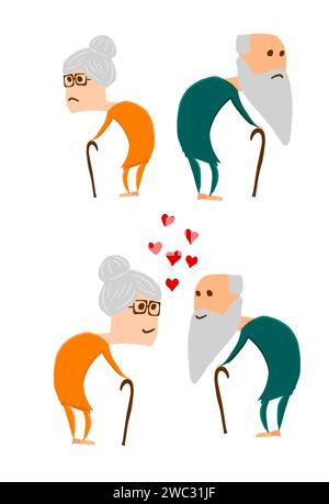 Die Liebe zu sehr alten Menschen. Alles Gute zum Valentinstag. Handzeichnung. Nicht AI. Vektorabbildung. Stock Vektor
