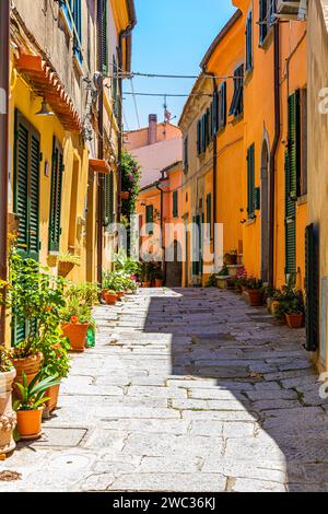 Enge gepflasterte Gasse zwischen Häusern mit pastellfarbenen Fassaden, Sant'Ilario in Campo, Elba, toskanischer Archipel, Toskana, Italien Stockfoto