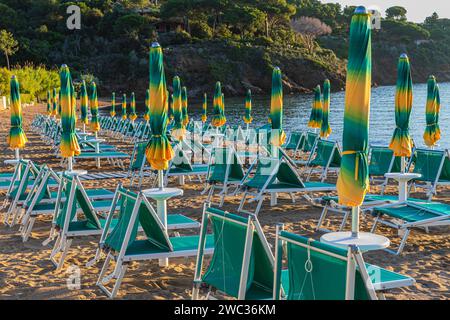 Liegestühle und Sonnenschirme am Strand Straccolignino bei Sonnenaufgang, in der Nähe von Capoliveri, Elba, toskanischem Archipel, Toskana, Italien Stockfoto