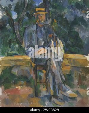 Titel: Sitzender Mann Schöpfer: Paul Cézanne Jahr: 1905 - 1906 Abmessungen: 64,8 x 54,6 cm Medium: Öl auf Leinwand Ort: Museo Nacional Thyssen-Bornemisza, Madrid Beschreibung: „Sitzender Mann“ von Paul Cézanne, gemalt zwischen 1905 und 1906, stellt eine Figur in sitzender Position dar. Das Kunstwerk ist ein Beweis für Cézannes innovativen Ansatz in Form, Farbe und Komposition. Dieses Stück ist repräsentativ für Cézannes Erforschung der menschlichen Form und seinen einzigartigen Ansatz, die Figur harmonisch und unkonventionell darzustellen Stockfoto