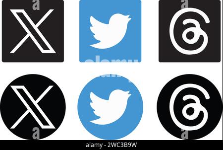 Twitter-Logo blau und schwarz, Neues Logo, Threads-Logo Stock Vektor