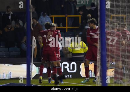 LONDON, ENGLAND - 13. JANUAR: Marcus Forss aus Middlesbrough feierte sein Ziel, es 1-3 während des Sky Bet Championship Matches zwischen Millwall und Middlesbrough am 13. Januar 2024 in London zu erreichen. (Foto: Dylan Hepworth/MB Media) Stockfoto