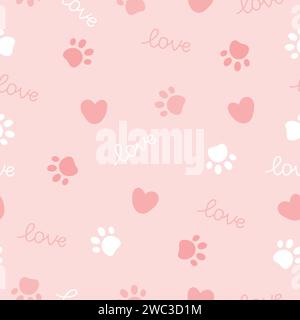 Nahtloses Muster der Tierpfote. Vektor-Illustration mit Pfote und Herzen auf rosa Hintergrund. Stock Vektor