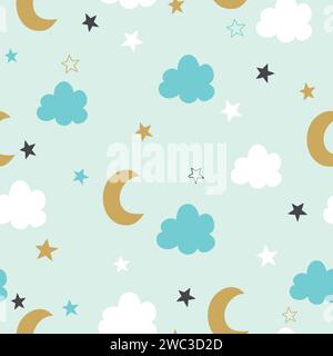 Hintergrund für Kinder mit Mond, Wolken und Sternen. Kindliches nahtloses Muster. Vektorabbildung. Stock Vektor