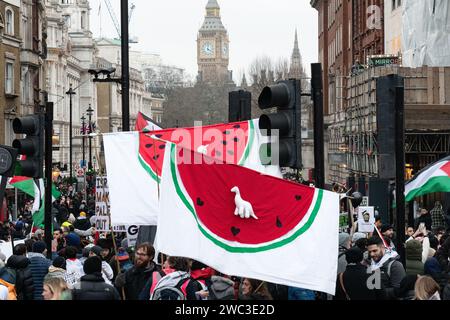 London, Großbritannien. Januar 2024. Palästinensische Unterstützer einer Koalition von Gruppen marschieren von der Stadt London zum Parlamentsplatz in einem "Nationalmarsch für Palästina", in dem sie zu einem sofortigen Waffenstillstand und zur Beendigung der israelischen Bombardierung, Belagerung und Invasion von Gaza nach einem Angriff von Hamas-Milizen auf Israel aufrufen. Der Protest, Teil eines "Globalen Aktionstages" für Gaza, fand einen Tag nach dem Auftritt Israels vor dem Internationalen Gerichtshof statt, um sich gegen die Anklage des Völkermords zu verteidigen. Quelle: Ron Fassbender/Alamy Live News Stockfoto