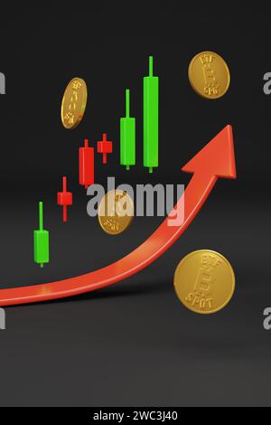 Bitcoin ETF Spot mit Kerzendiagramm und Wachstumspfeil. 3D-Abbildung. Stockfoto