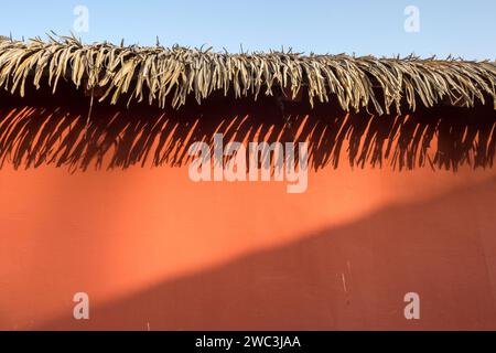 Westafrika, Senegal, St. Louis. Der Rand des Schilfdachs. Die Wand ist ockerfarben. Stockfoto
