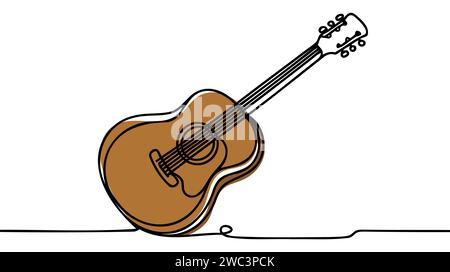Eine einzeilige Zeichnung einer klassischen Akustikgitarre aus Holz. Stock Vektor