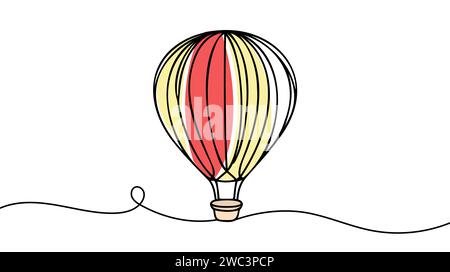Heißluftballon in einer durchgehenden Linienzeichnung. Reisen Sie mit dem Aerostat in Sky Logo. Stock Vektor