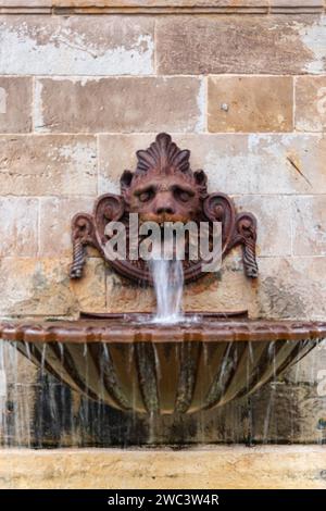 Gargoyle des Brunnens der Pelayo-Statue in Gijon, Asturien, Spanien. Stockfoto