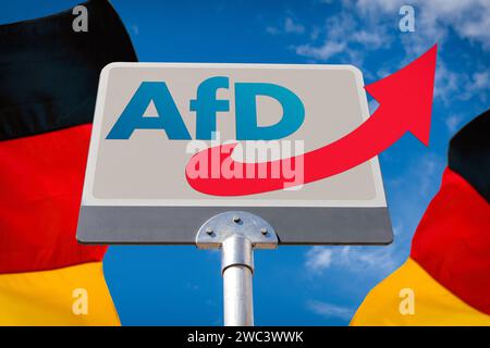 14. Januar 2024: Schild mit dem Logo der AfD-Alternative für Deutschland als Symbol für den Aufschwung und die steigenden Umfragewerte. Pfeil des Logos ragt über dem Schild in den Himmel neben Deutschland Nationalflaggen FOTOMONTAGE *** Schild mit dem Logo der Partei AfD Alternative für Deutschland als Symbolbild für den Aufschwung und steigende Umfragewerte der Wähler. Pfeil des Logos ragt über das Schild hinaus in den Himmel neben Deutschland Landesfahnen FOTOMONTAGE Stockfoto