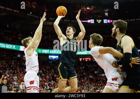 Madison, WI, USA. Januar 2024. Der nordwestliche Wildkatzenschützer Brooks Barnhizer (13) macht während des NCAA-Basketballspiels zwischen den Northwestern Wildcats und den Wisconsin Badgers im Kohl Center in Madison, WI, einen Schuss in die Farbe. Darren Lee/CSM/Alamy Live News Stockfoto