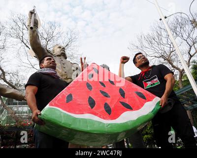 Lima, Peru. Januar 2024. Demonstranten in der Hand einer Wassermelone, dem Fruchtsymbol des palästinensischen Widerstands, als Dutzende auf die Straßen von Lima gingen, um im Rahmen eines Globalen Marsches für Palästina zu demonstrieren. Sie schließen sich Millionen weiterer Personen an, die an einem globalen Aktionstag für Palästina in mehr als 66 Städten in mindestens 36 Ländern marschieren werden. Quelle: Fotoholica Presseagentur/Alamy Live News Stockfoto