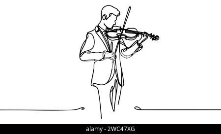 Durchgehende einzeilige Zeichnung eines Mannes, der Geige spielt, in Silhouette auf weißem Hintergrund. Linear formatiert. Stock Vektor