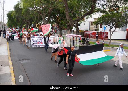 Lima, Peru. Januar 2024. Dutzende gingen auf die Straßen von Lima, um im Rahmen eines Globalen Marsches für Palästina zu demonstrieren. Sie schließen sich Millionen weiterer Personen an, die an einem globalen Aktionstag für Palästina in mehr als 66 Städten in mindestens 36 Ländern marschieren werden. Quelle: Fotoholica Presseagentur/Alamy Live News Stockfoto