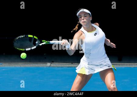 Melbourne, Australien. Januar 2024. LUCIA BRONZETTI aus Italien im Kampf gegen die 28. Seed LESIA TSURENKO aus der Ukraine in der 1573 Arena in einem Spiel der 1. Runde der Women's Singles am 1. Tag der Australian Open 2024 in Melbourne, Australien. Sydney Low/Cal Sport Media/Alamy Live News Stockfoto