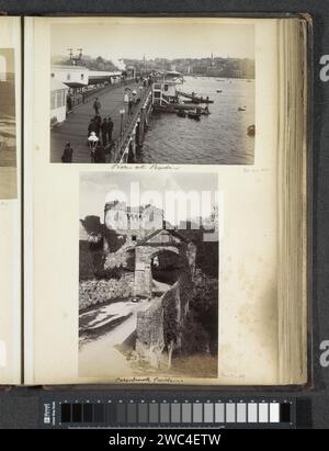 Spaziergänger am Ryde Pier, im Hintergrund die Stadt Ryde auf der Isle of Wight, 1898 fotografieren einen Teil von Reisalbum mit Fotos von Sehenswürdigkeiten in England und Frankreich. Ryde Papier. Fotounterstützung Albumendruck Pier, Kai, Kai. Schlendern. Aussicht auf die Stadt, Stadtpanorama, Silhouette der Stadt Ryde Stockfoto