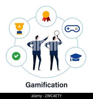 Gamification-Konzept interaktiver Symbolsatz in Geschäftsanwendung und -Betrieb, der Spielereignisse integriert Stock Vektor