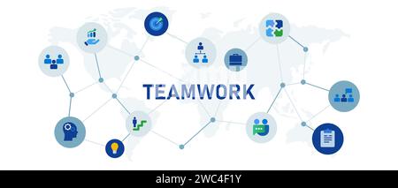 Teamwork Teamwork Konzept der Zusammenarbeit in Unternehmen Symbolsatz Illustration Kopfzeile vernetztes Netzwerk Stock Vektor