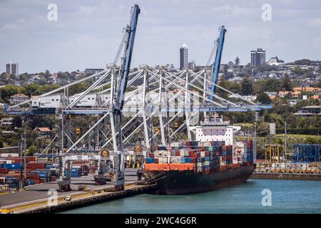 Das Containerschiff Norfolk legte am Sonntag, den 14. Januar 2024, im Hafen von Auckland in Neuseeland an. Foto: David Rowland / One-Image.com Stockfoto