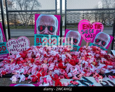 Washington, District of Columbia, USA. Januar 2024. Babypuppen, die mit roter Farbe getränkt sind und Blut symbolisieren, liegen vor einem Zaun des Weißen Hauses. Plakate fordern einen Waffenstillstand und sagen, Präsident Biden habe Blut an den Händen. (Credit Image: © Sue Dorfman/ZUMA Press Wire) NUR REDAKTIONELLE VERWENDUNG! Nicht für kommerzielle ZWECKE! Stockfoto