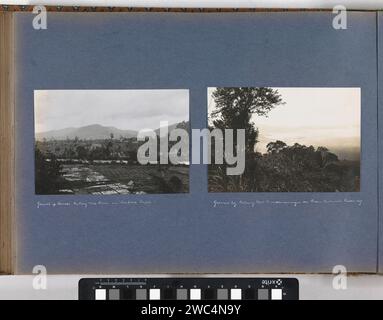 Landschaft bei Loeboek Raja auf Sumatra mit Sawas, Batang Torurivier und Bergen, Anonym, ca. 1900 - ca. 1920 Fotografie Teil von Reisalbum mit Fotos von Aktivitäten und Sehenswürdigkeiten auf Sumatra und Java und von der Reise nach und von Niederländisch-Indien. Sumatra-Papier. Fotomaterial mit Gelatine-Silberdruck, Sägekästen, Reisfelder. Feld mit Erntegut gefüllt. Berge (in tropischen und subtropischen Regionen). fluss (+ Landschaft mit Figuren, Personal) Sumatra Stockfoto