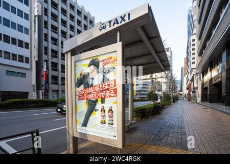Tokio, Japan, Januar 2024. Der überdachte Unterschlupf für Taxis auf einer Straße im Stadtzentrum Stockfoto