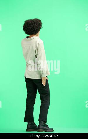 Eine Frau in voller Länge, auf grünem Hintergrund Stockfoto