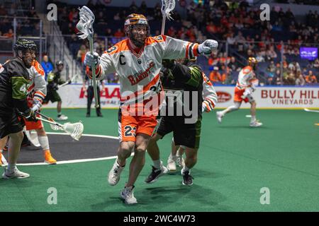 13. Januar 2024: Steve Priolo (23) spielt im dritten Quartal gegen die Rochester Knighthawks. Die Rochester Knighthawks waren Gastgeber der Buffalo Bandits in einem Spiel der National Lacrosse League in der Blue Cross Arena in Rochester, New York. (Jonathan Tenca/CSM) Stockfoto