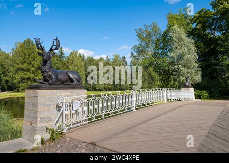 PAWLOWSK, RUSSLAND - 10. JULI 2023: Brücke mit Hirschskulpturen an einem sonnigen Julitag. Pavlovsk Palace Park. Umgebung von St.. Petersburg Stockfoto