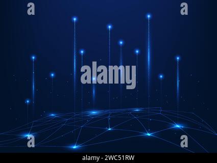 Abstrakte Hintergrundtechnologie, Zusammensetzung geometrischer Linien, die mit beleuchteten Datenleitungen verbunden sind. Zeigt digitale High-Tech-Datenübertragung im Netz Stock Vektor