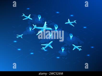 Hintergrund der Technologie für Transport und Logistik, die Technologien für die Navigation verwendet. Gepixelte Weltkarte mit GPS-Symbol, das an die Karte angeheftet ist. Stock Vektor