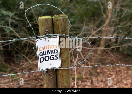 Ein Schild warnt vor Wachhunden mit Stacheldrahtzäunen in den Wäldern im Norden Londons Stockfoto