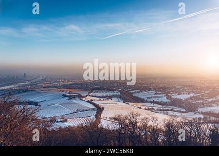 Wien, Österreich in Europa. Panoramablick auf die Stadt und die donau vom Kahlenberg. Wunderschöne Winterlandschaft bei Sonnenuntergang am Abend. Stockfoto