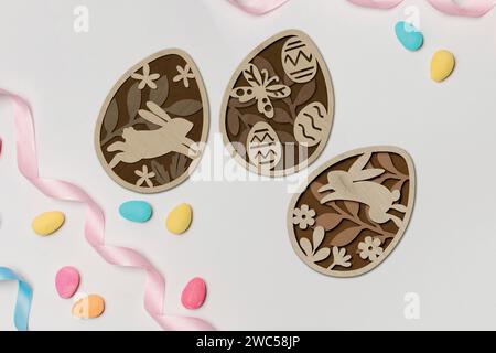 3 Eggs OSTERPAKET digitale mehrschichtige Layoutdateien sind speziell für Laserschneidmaschinen, CNC-Fräsmaschinen und andere Schneidemaschinen vorbereitet. Stock Vektor