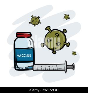 Kritzele handgezeichnete Illustration von Spritze und Flasche mit Impfstoff, der vor Grippevirus oder covid schützt Stock Vektor