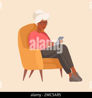 Vektor-Illustration einer afrikanischen Großmutter, die auf einem Stuhl sitzt mit einem Telefon in warmen Farben. Kommunikation mit der älteren Generation über das Internet. Stock Vektor