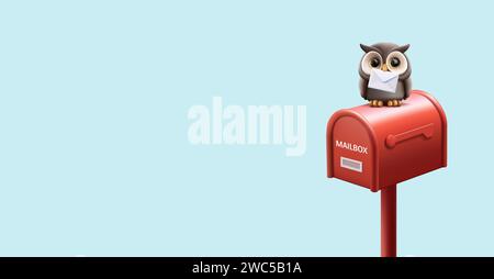 3D-Illustration einer Eulenkugel, die auf dem roten Briefkasten sitzt, mit Umschlag in Schnabel, Schule der Hexerei Einladungskomposition Stock Vektor