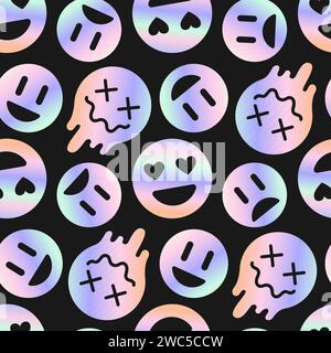 Holographischer Y2K-Aufkleber aus Metallic, Valentinstag. Nahtloses Muster. Strahlendes Gradientenherz in Flammen, Emoticons. Folie im Stil der 2000er Jahre. Flamme. Ästhetik Stock Vektor