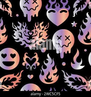 Holographischer Y2K-Aufkleber aus Metallic, Valentinstag. Nahtloses Muster. Strahlendes Gradientenherz in Flammen, Emoticons. Vektorfolie im Stil der 2000er Jahre. Flamme. Aest Stock Vektor