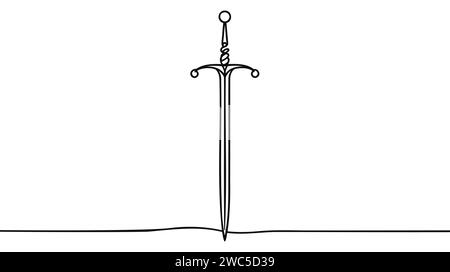 Eine einzelne durchgehende Linie zeichnet Schwert-Ikone, Metallschwert, Europäische gerade Schwerter, Asien-Schwert, realistisches Schwert isoliert. Europäische gerade Schwerter. Dolch Stock Vektor